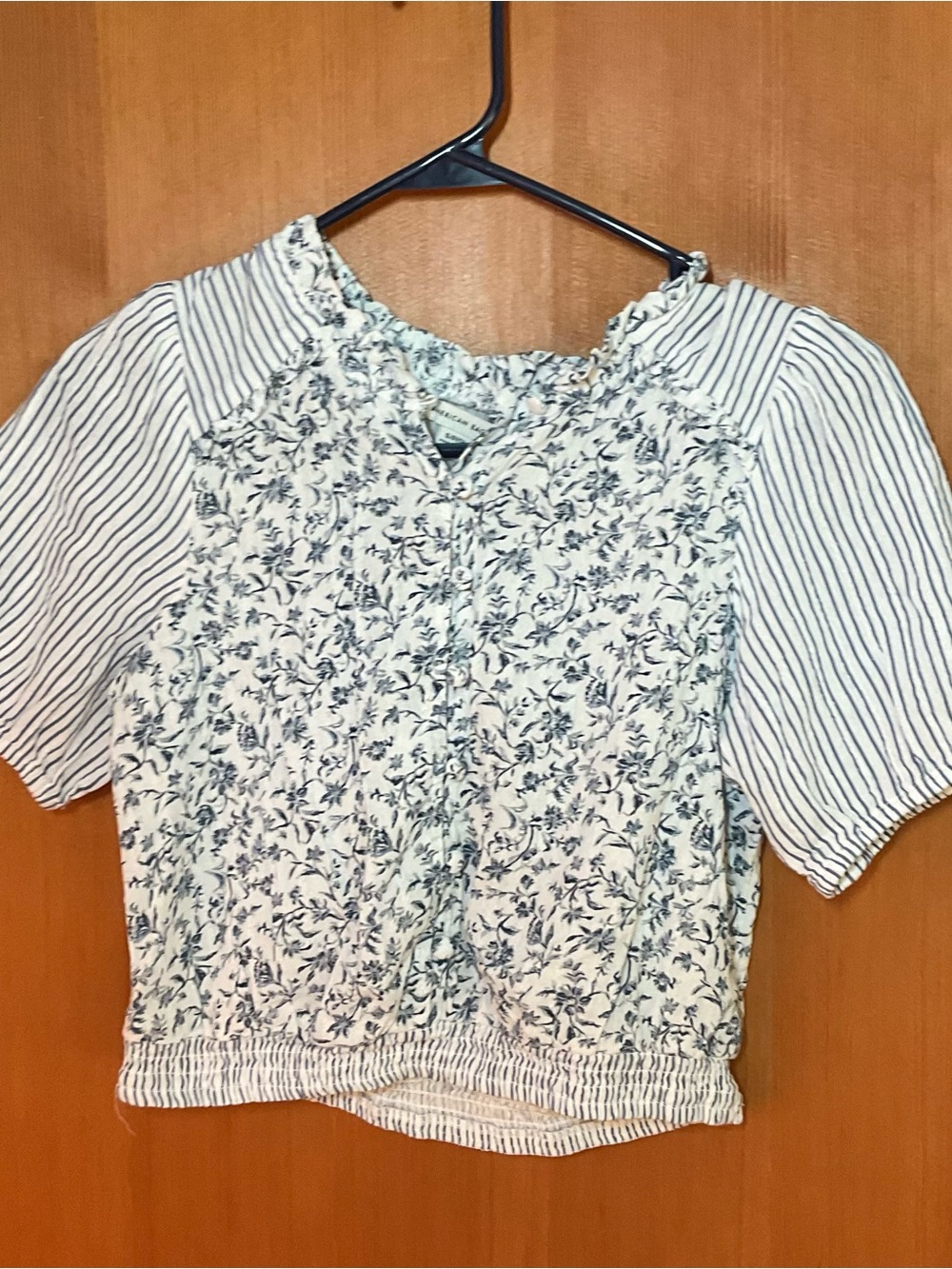 American Eagle Outfitters White Top with Navy Floral and Stripe Details